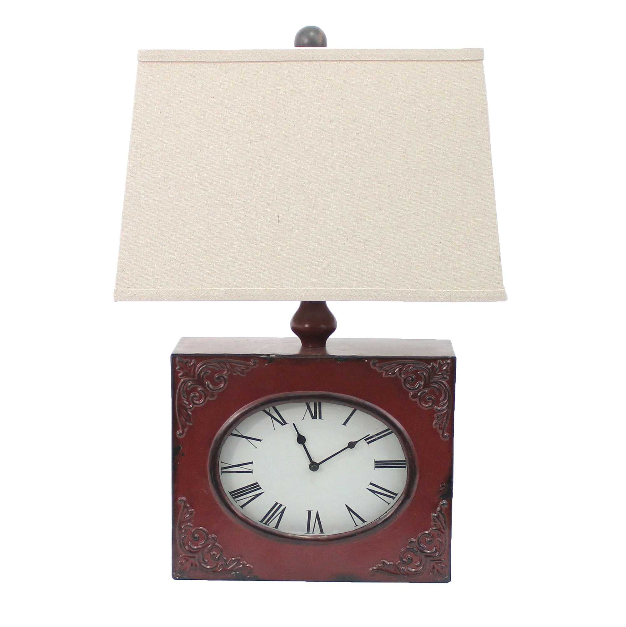 22" Distressed Red Metal Bedside Lamp With Beige Shade
