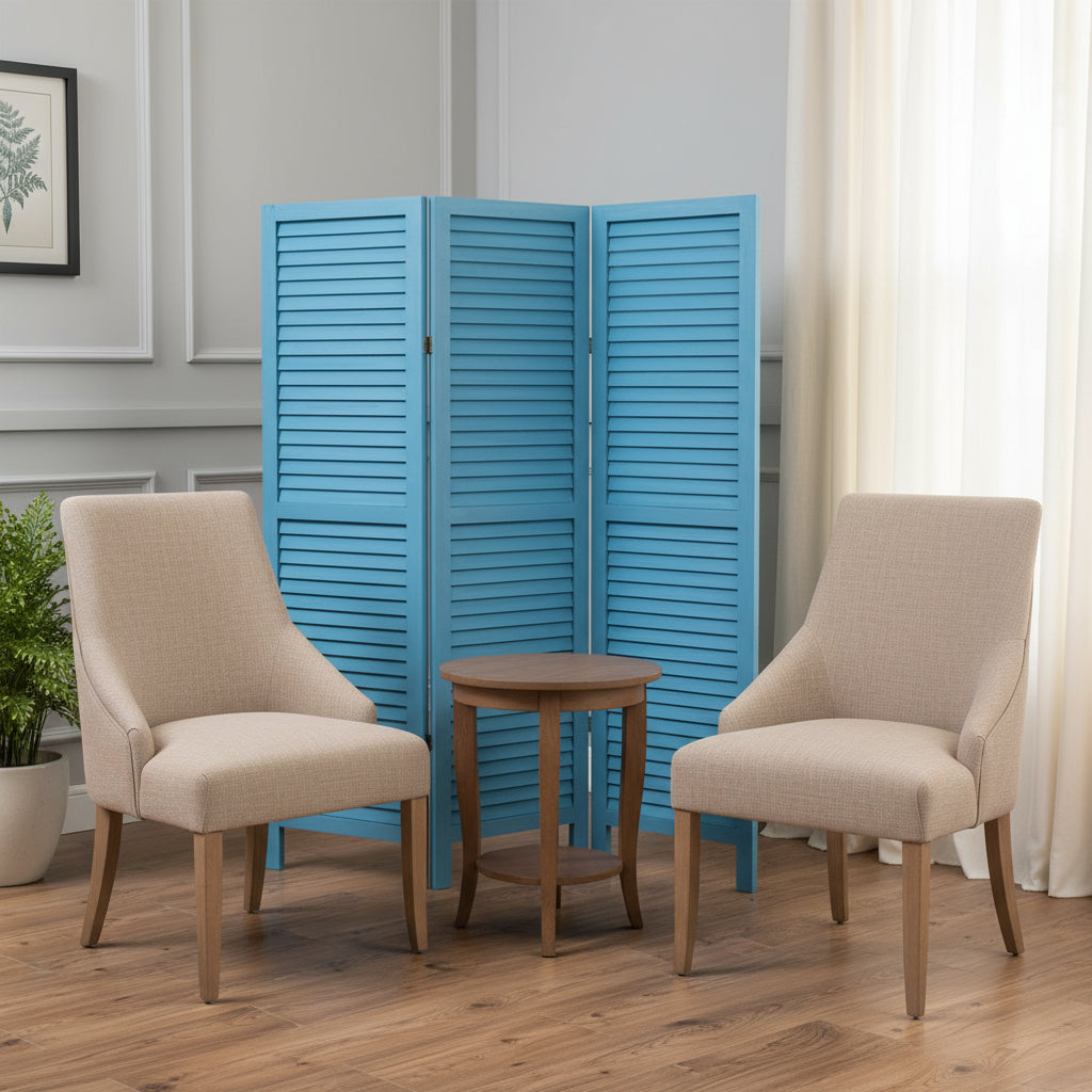 Blue Finish Wood Shutter 3 Panel Room Divider Screen