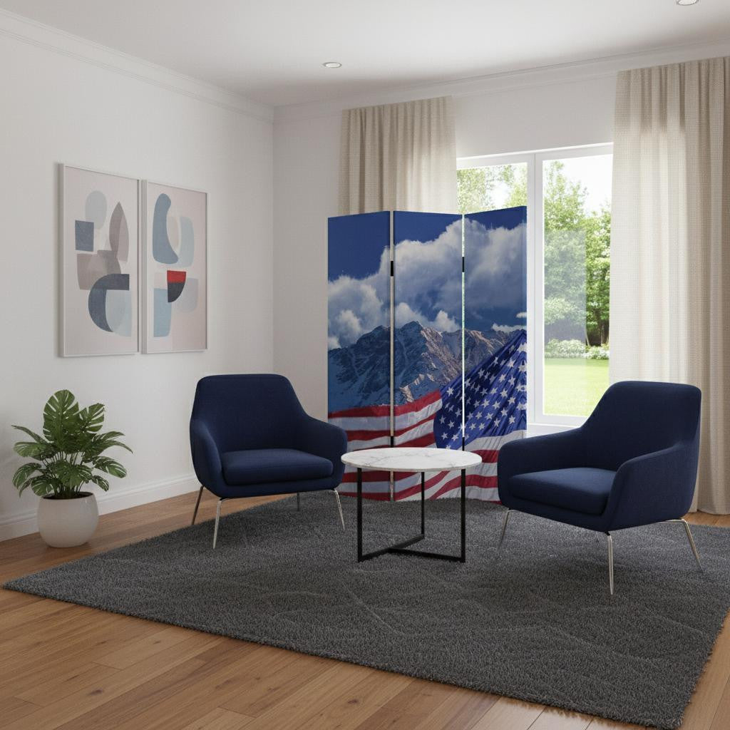 72" Red White And Blue American Flag Reversible Canvas Folding Three Panel Room Divider