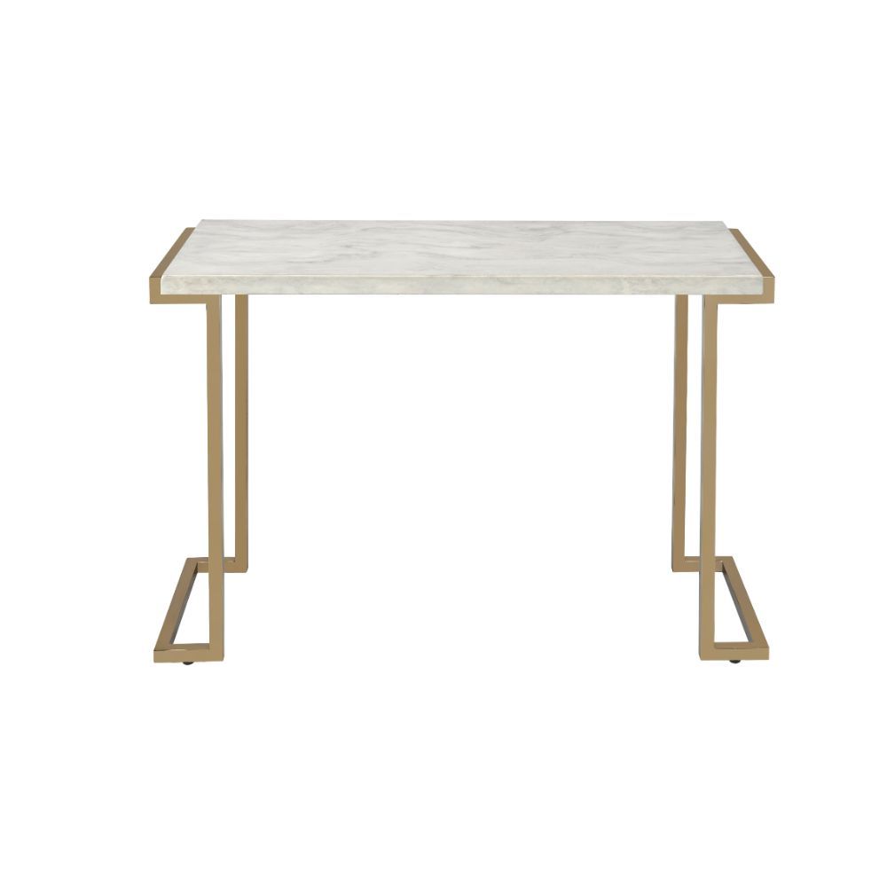 44" White and Gold Faux Marble And Iron Sled Coffee Table