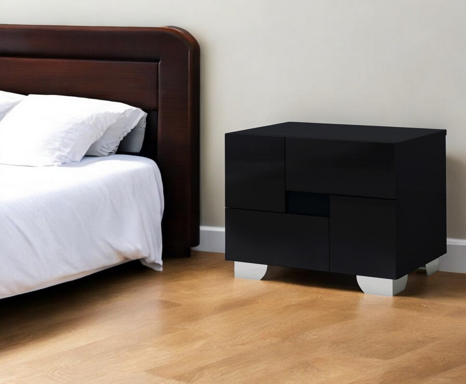 18" Black Wood And Mirrored Glass Two Drawer Nightstand