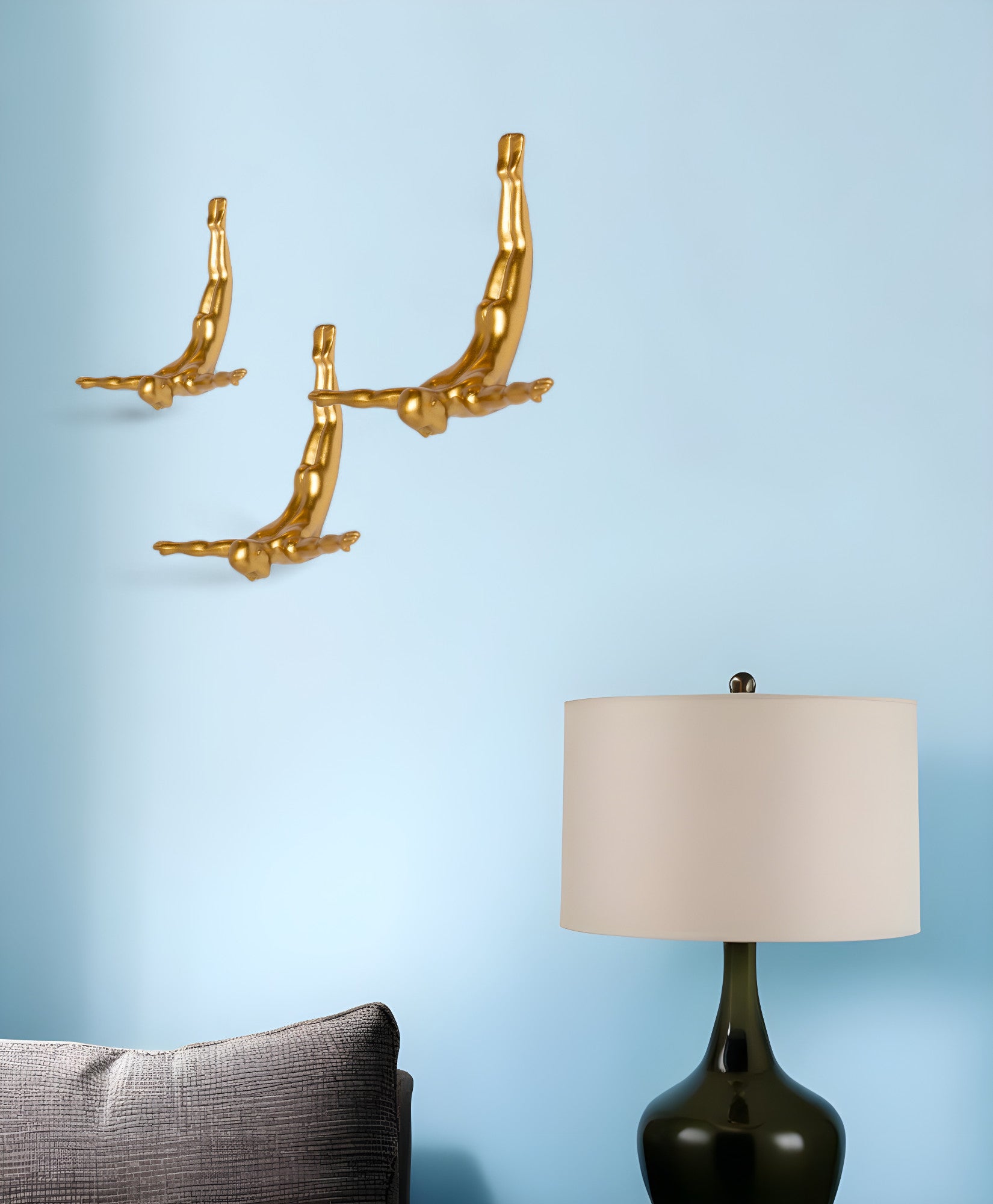Set of Three Gold Resin Diving Man Hanging Dimensional Sculpture