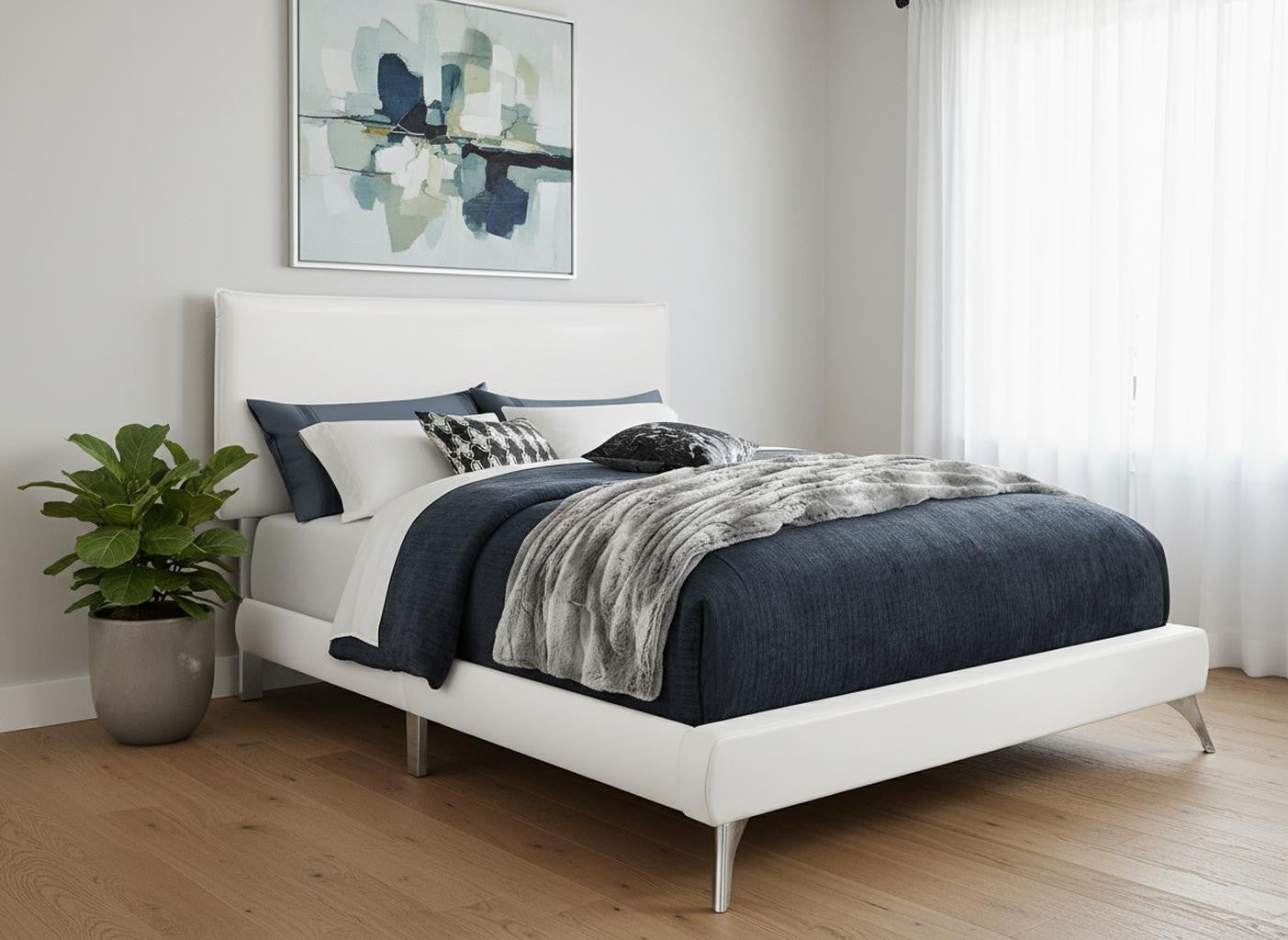 White Solid Wood Queen Upholstered Linen Bed Frame