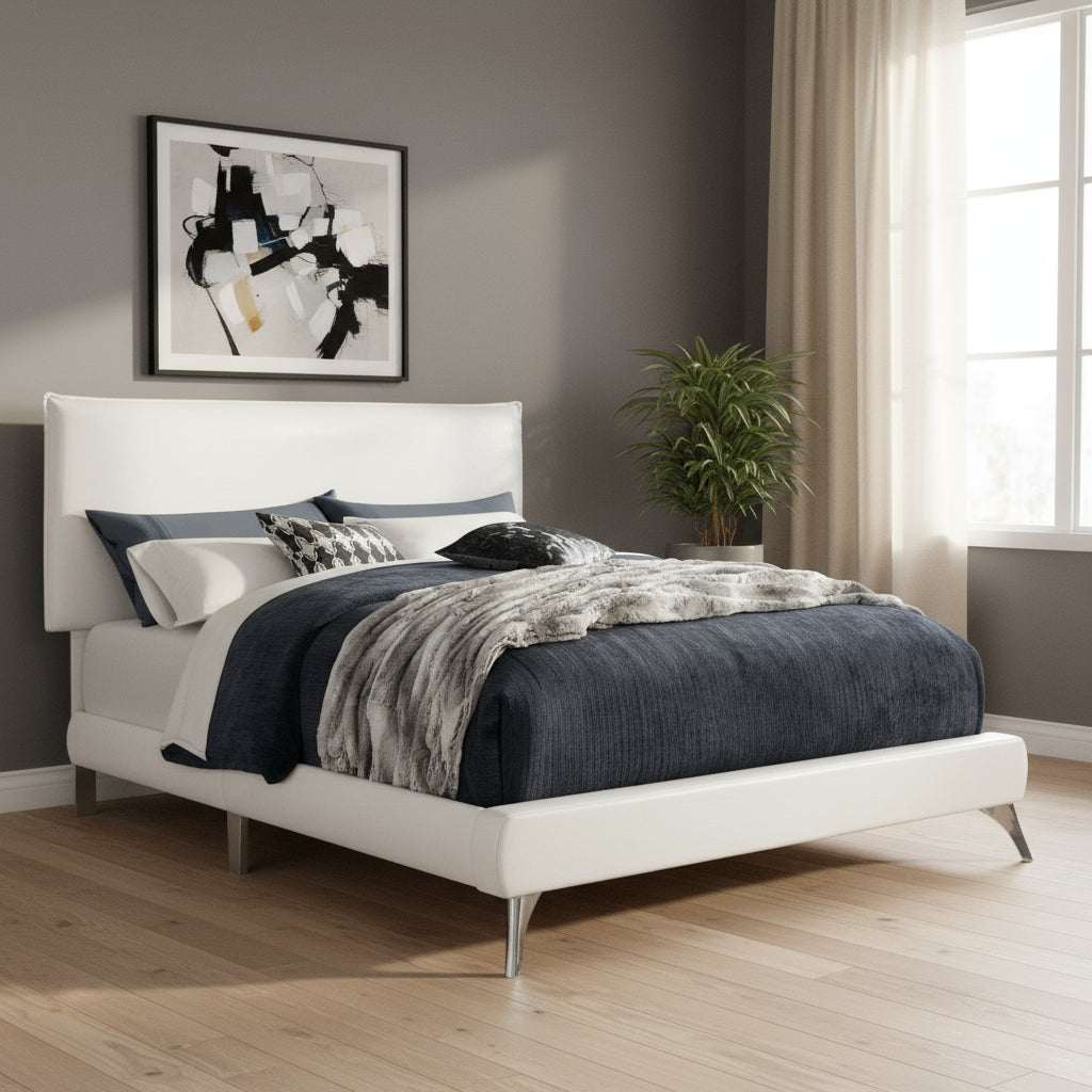 White Solid Wood Queen Upholstered Linen Bed Frame