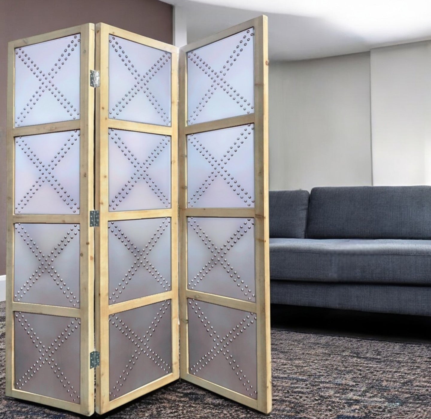 84" Silver Folding Three Panel Screen Room Divider