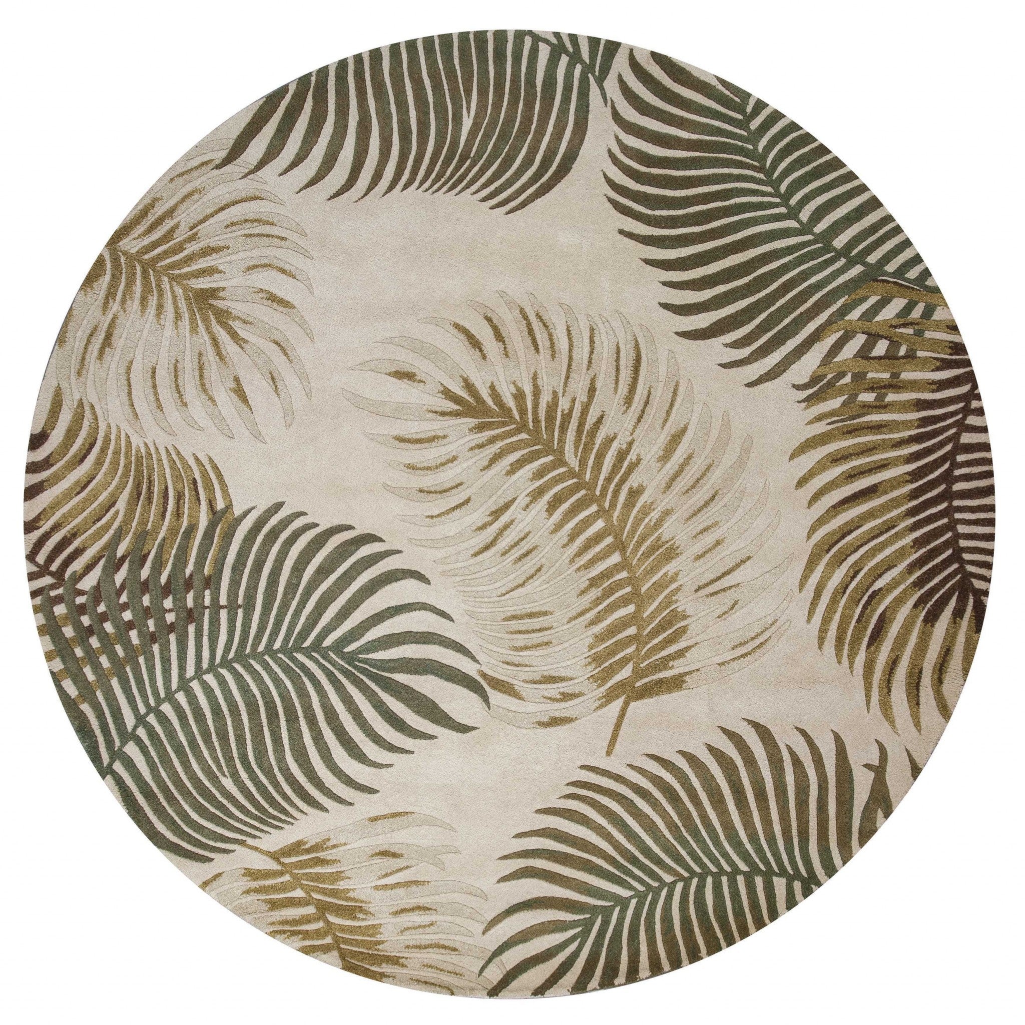 8' Beige Green And Brown Wool Botanical Leaves Hand Tufted Round Rug