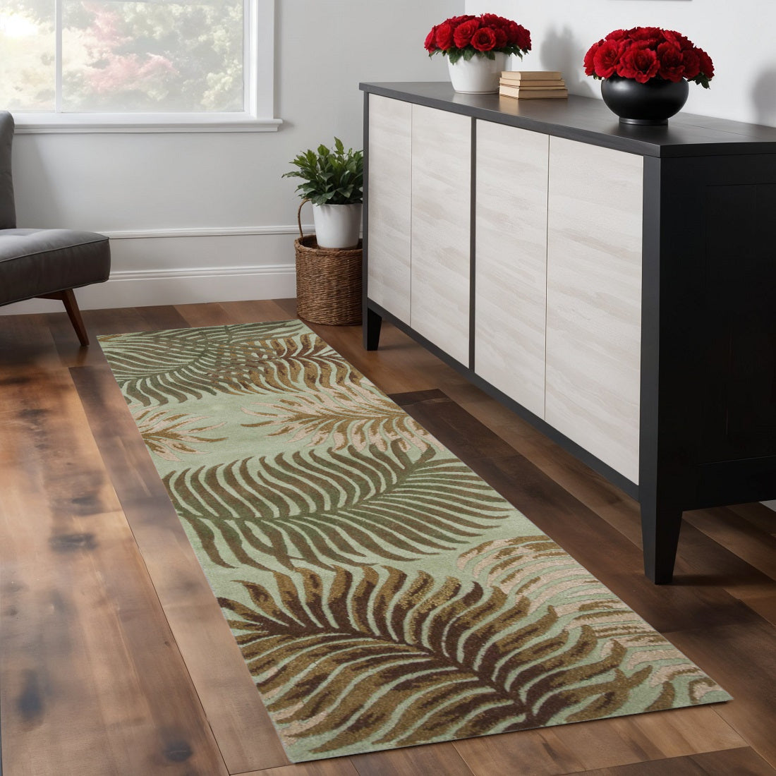 8' Aqua And Brown Wool Botanical Leaves Hand Tufted Runner Rug