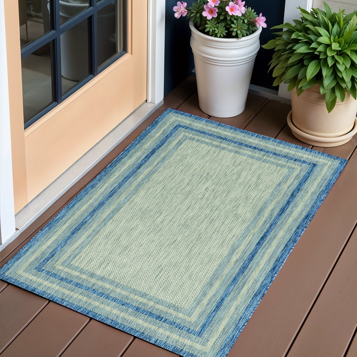3' X 4' Blue And Green Striped Indoor Outdoor Area Rug