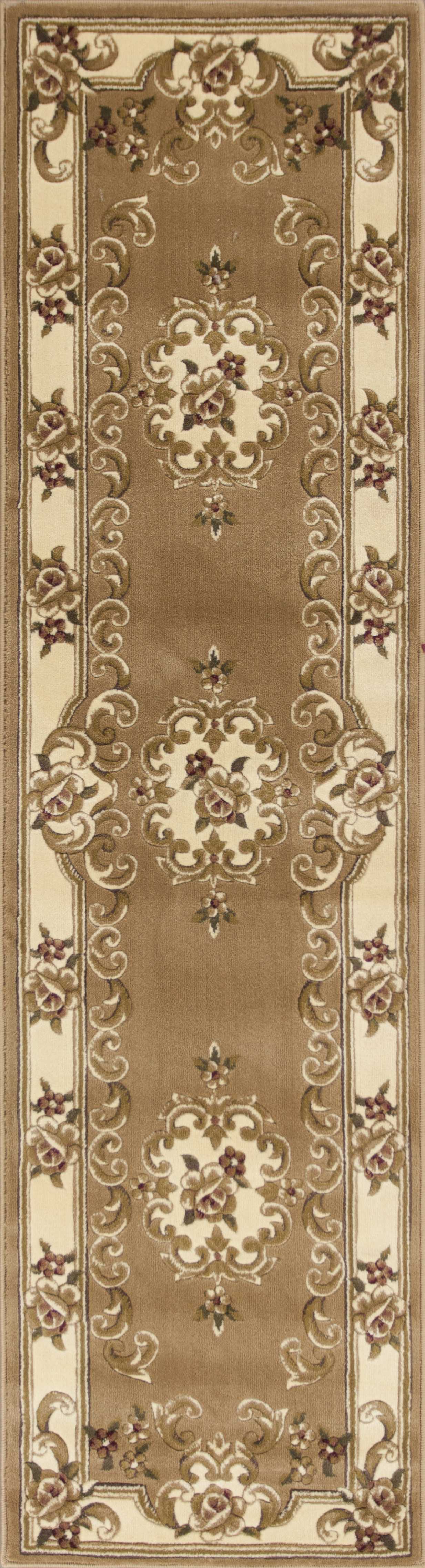 8' Beige Ivory And Brown Floral Medallion Runner Rug