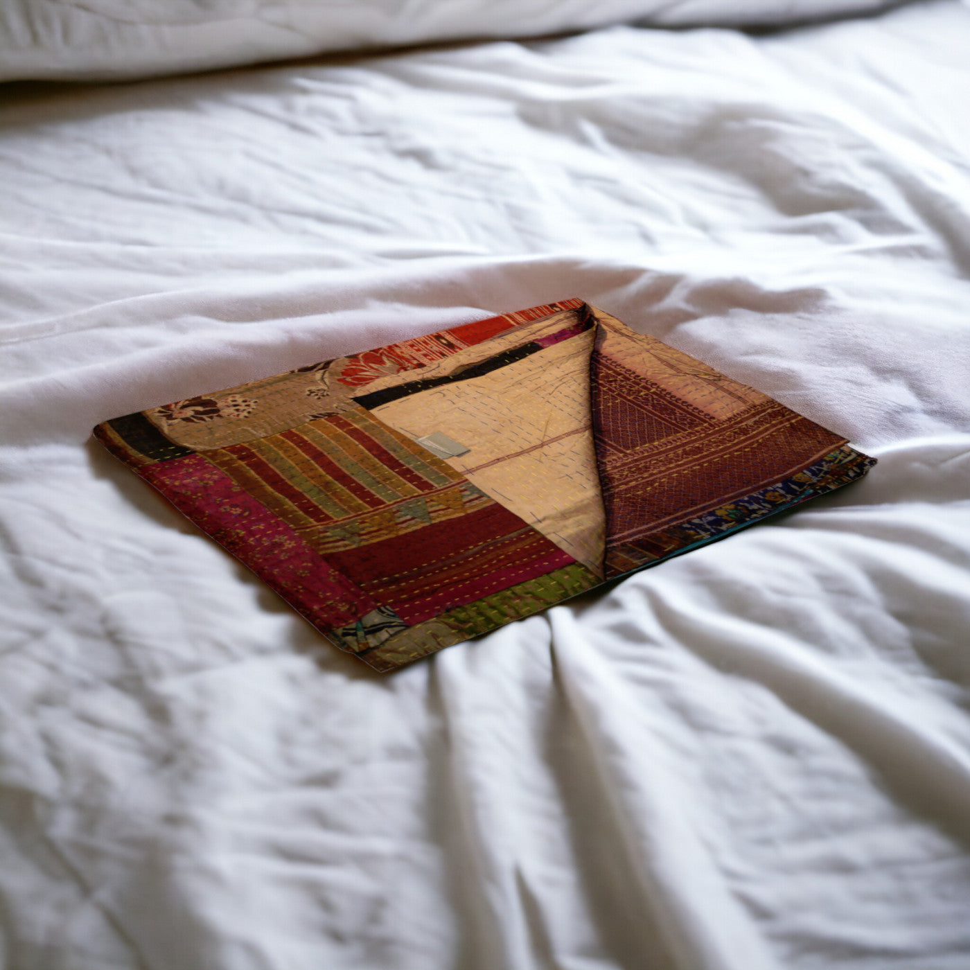 50" X 70" Burgundy and Brown Quilted Cotton Patchwork Throw Blanket with Embroidery