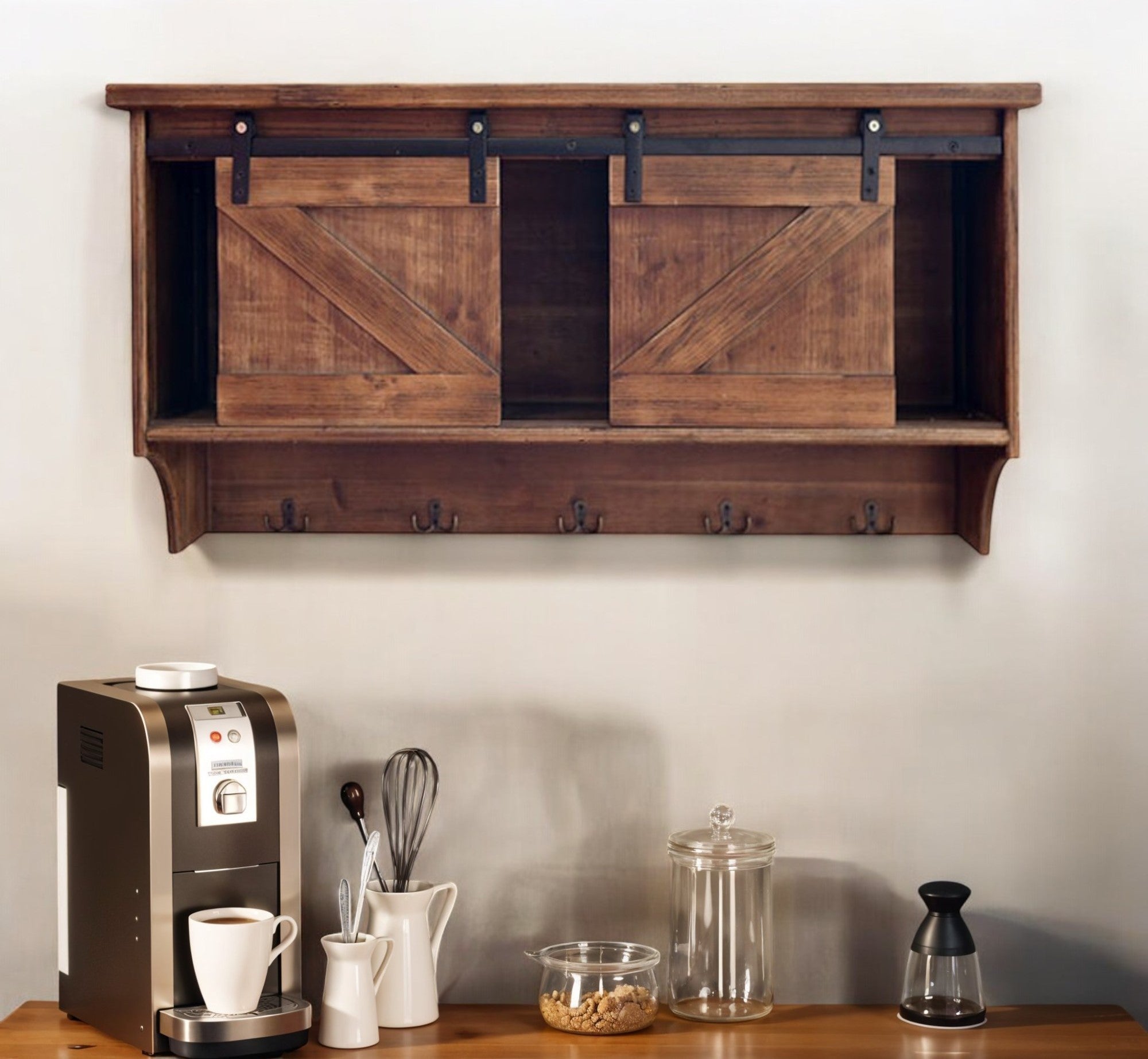 40" Brown Wood Five Hook Shelf With Barn Door Storage