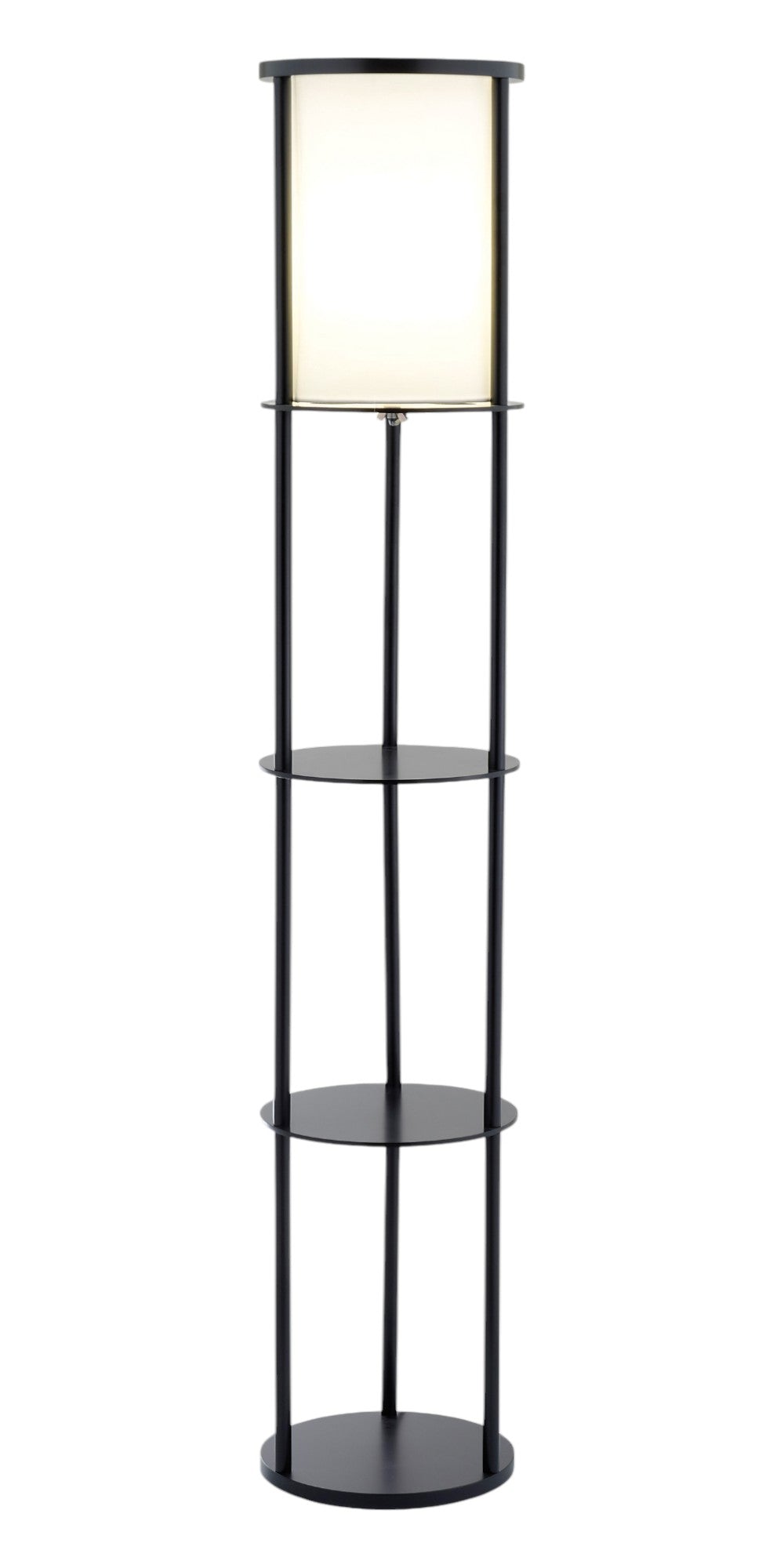 63" Black Wood Column Floor Lamp With White Fabric Cylinder Shade
