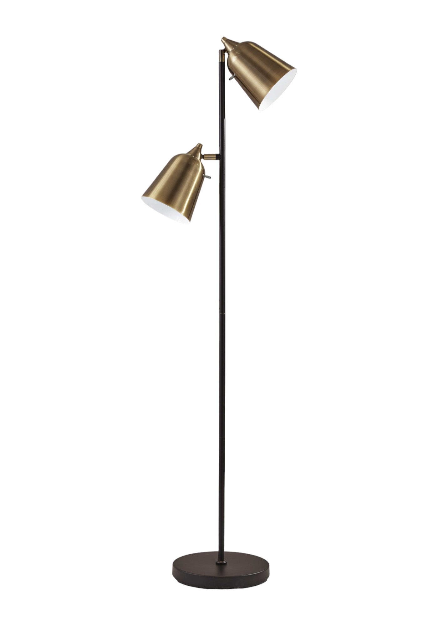 58" Black Two Light Task Floor Lamp With Antiqued Brass Metal Cone Shade