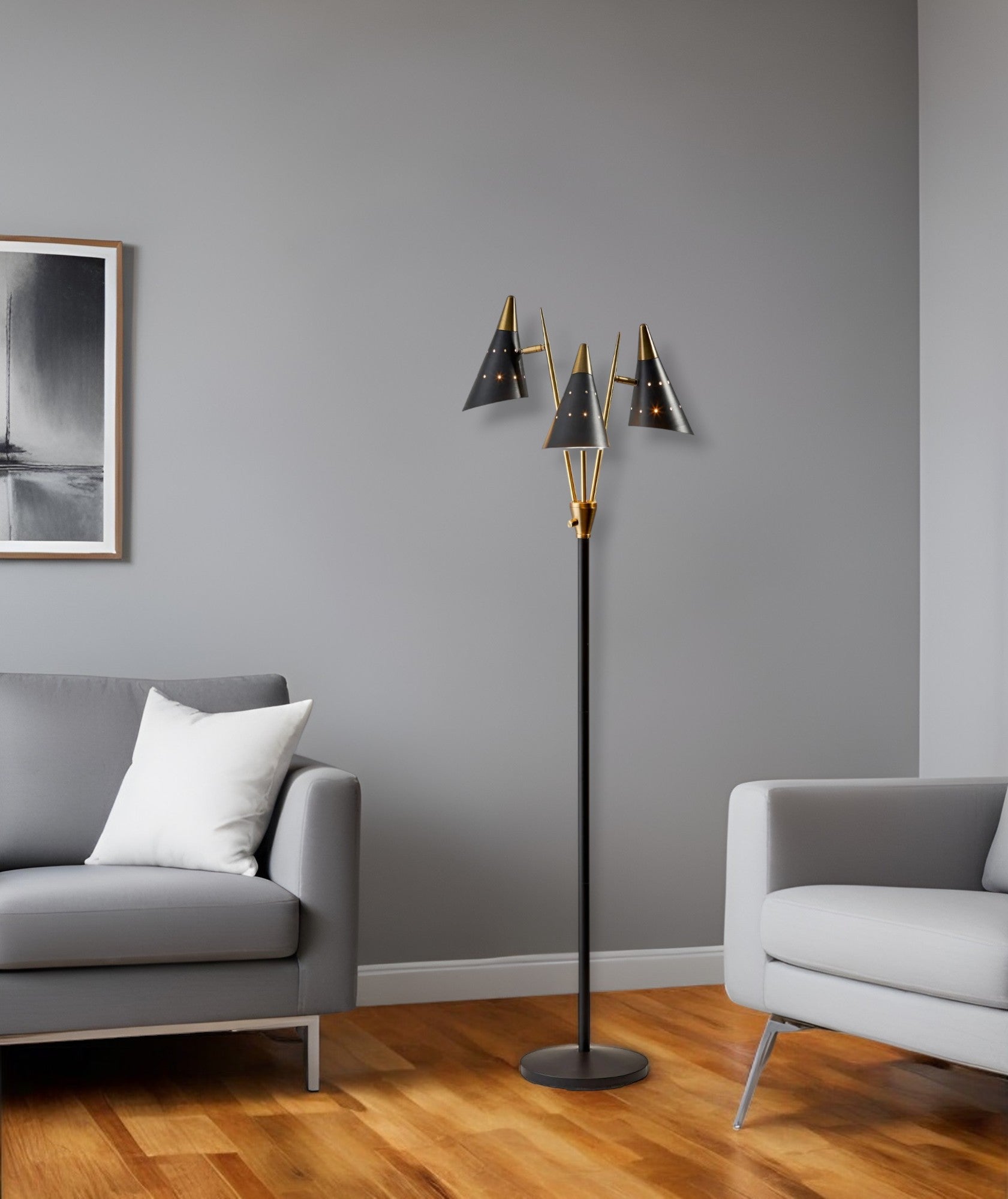 66" Black And Gold Metal Three Light Novelty Floor Lamp With Black Metal Cone Shade