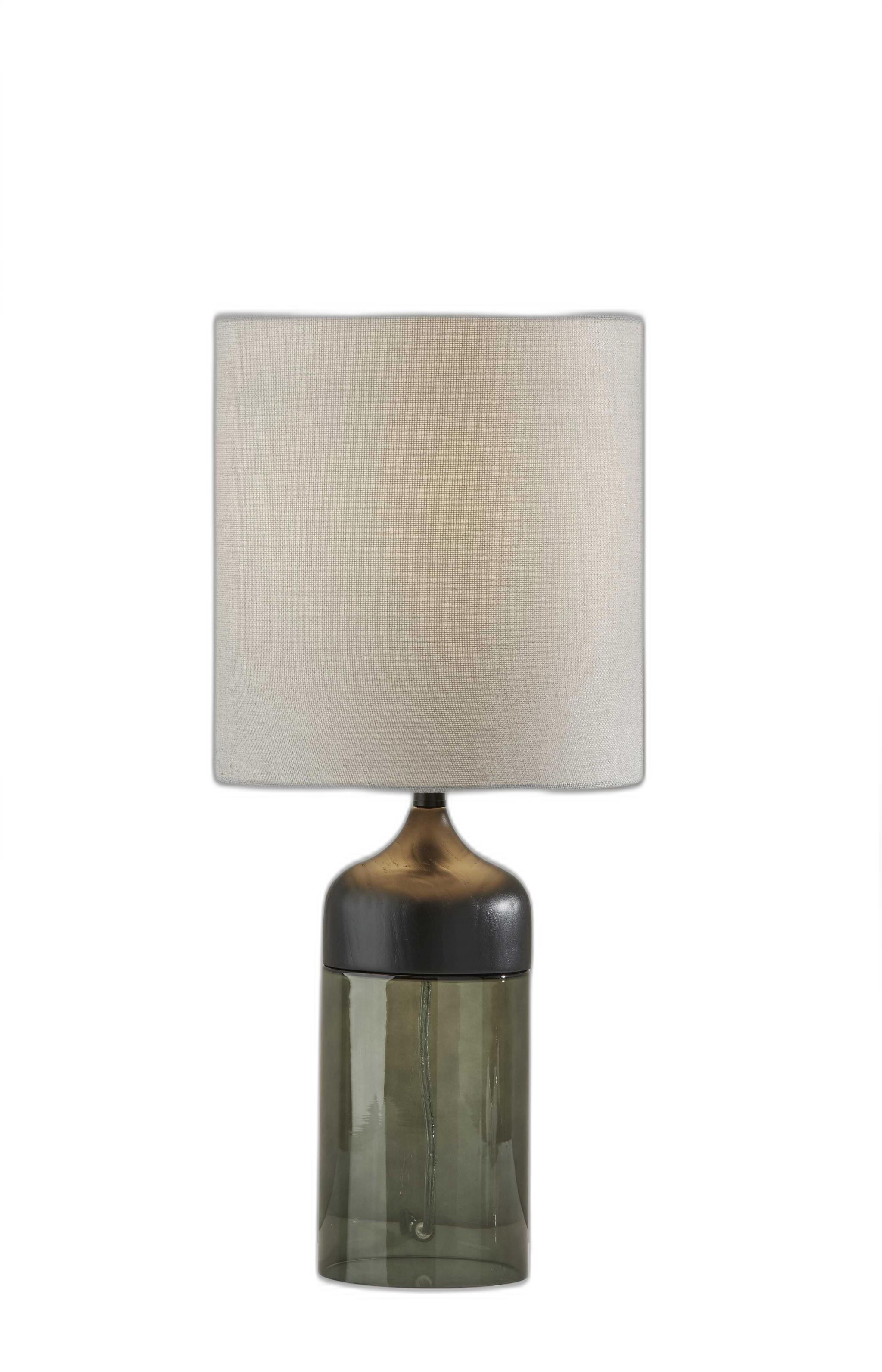 23" Black Wood And Smoked Glass Bedside Lamp With Gray Drum Shade