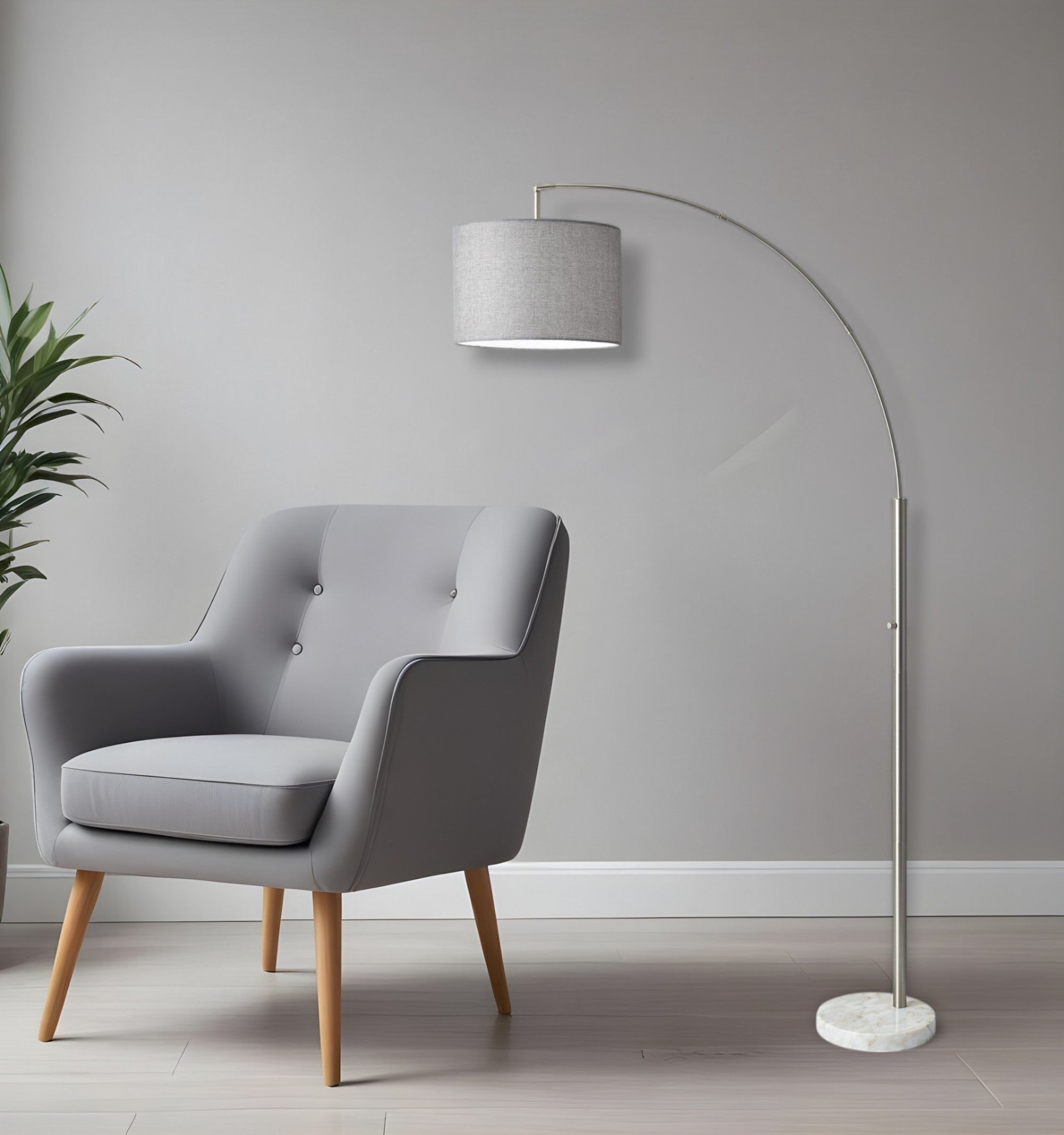 74" Silver Metal Arched Floor Lamp With Gray Linen Drum Shade