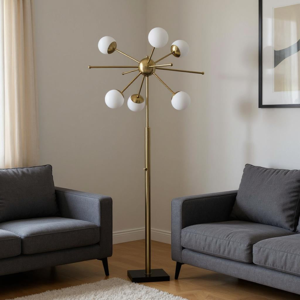 64" Brass Six Light LED Novelty Floor Lamp With White Glass Globe Shades