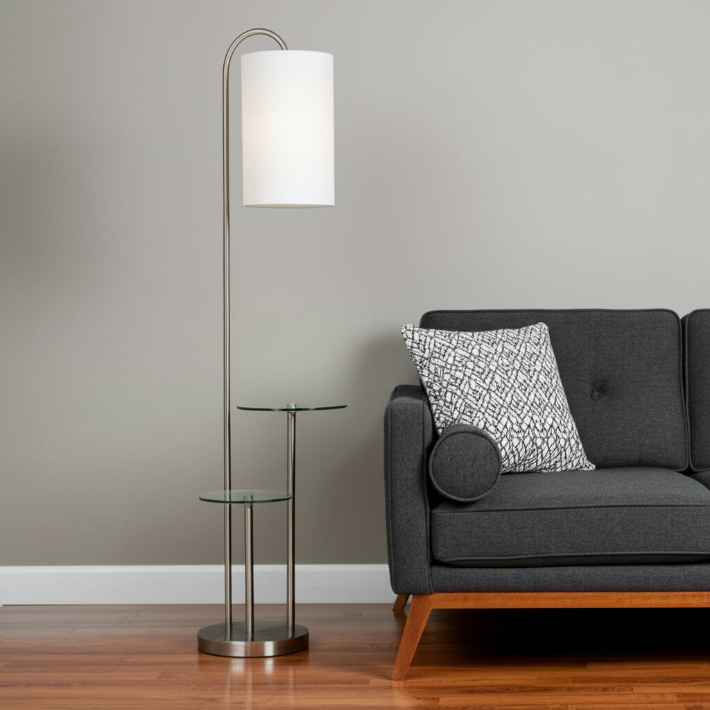66" Silver Tray Table Floor Lamp With White Fabric Drum Shade