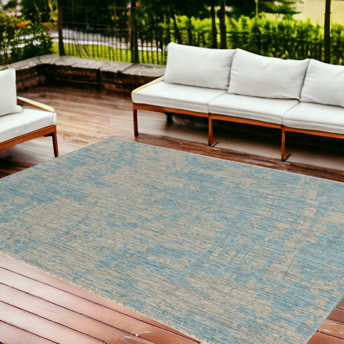 8' X 11' Teal Blue Abstract Indoor Outdoor Area Rug