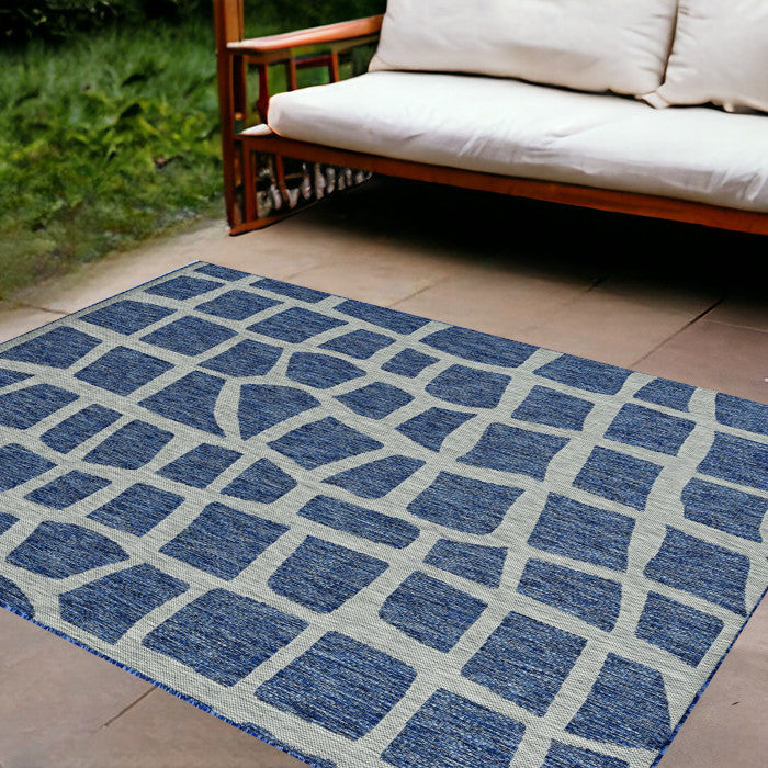 8' X 11' Blue And Gray Abstract Indoor Outdoor Area Rug