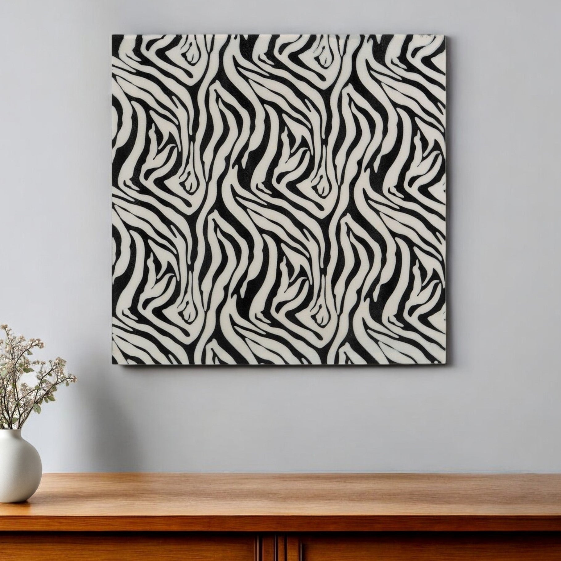 20" Black And White Zebra Iron And Resin Square Hanging Wall Tile