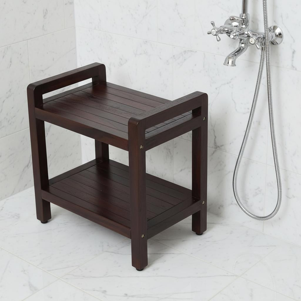 Rectangular Teak Shower Bench With Handles In Brown Finish