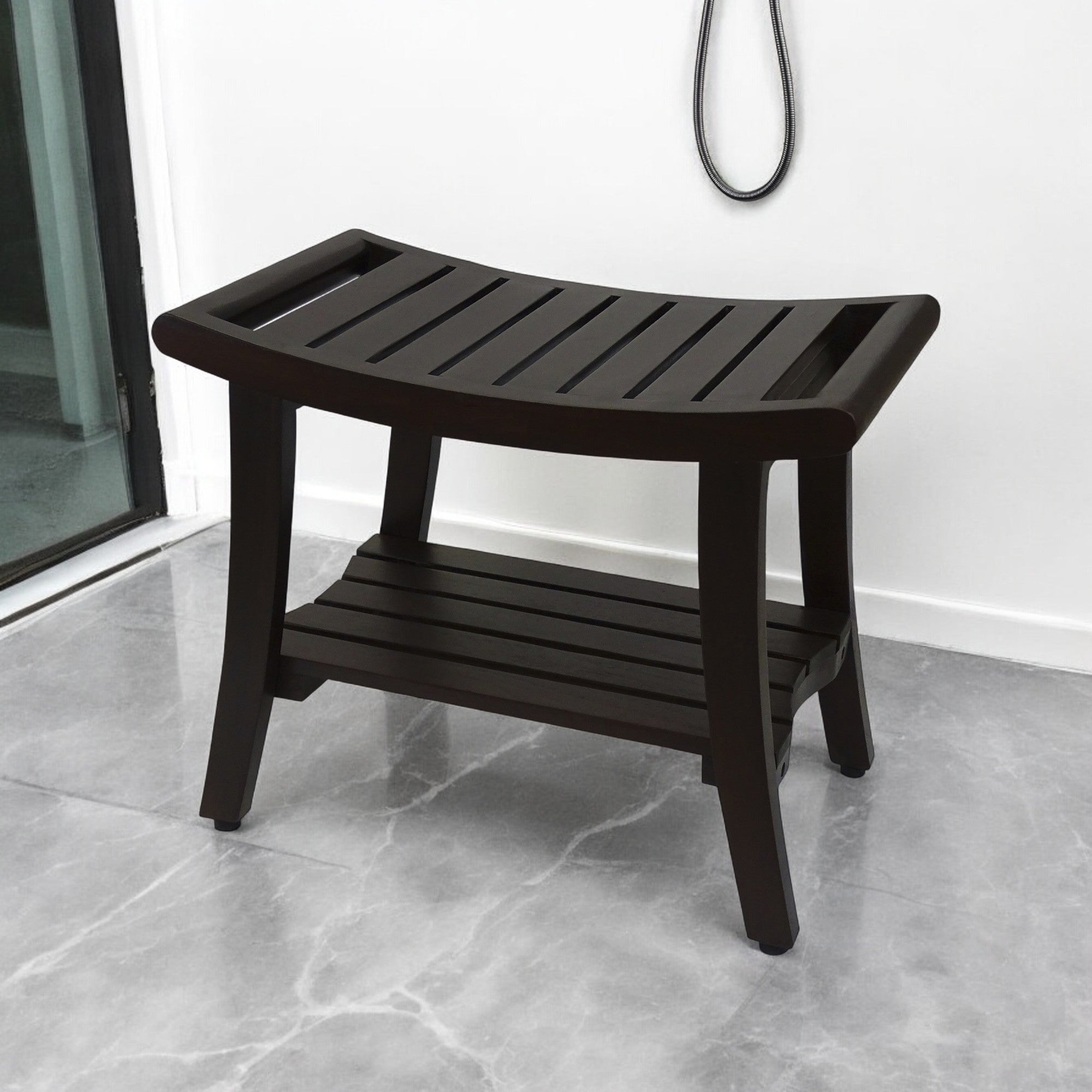24" Dark Brown Freestanding Teak Shower Bench With Shelf And Handles