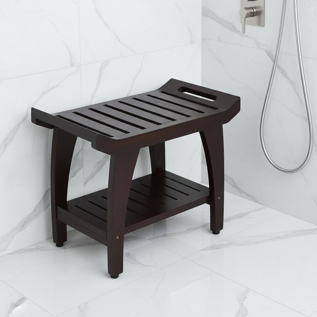 Contemporary Teak Shower Bench With Shelf And Handles In Brown Finish