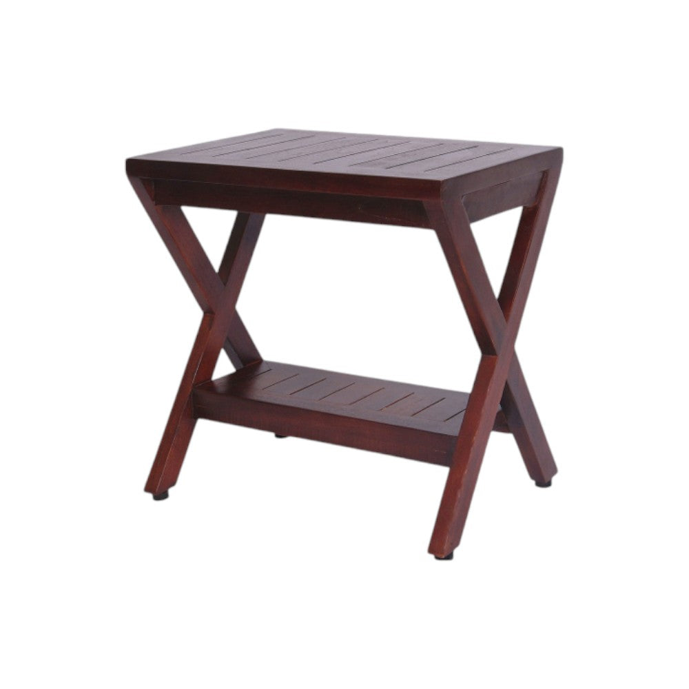 Compact X Shape Teak Shower Outdoor Bench With Shelf In Brown Finish