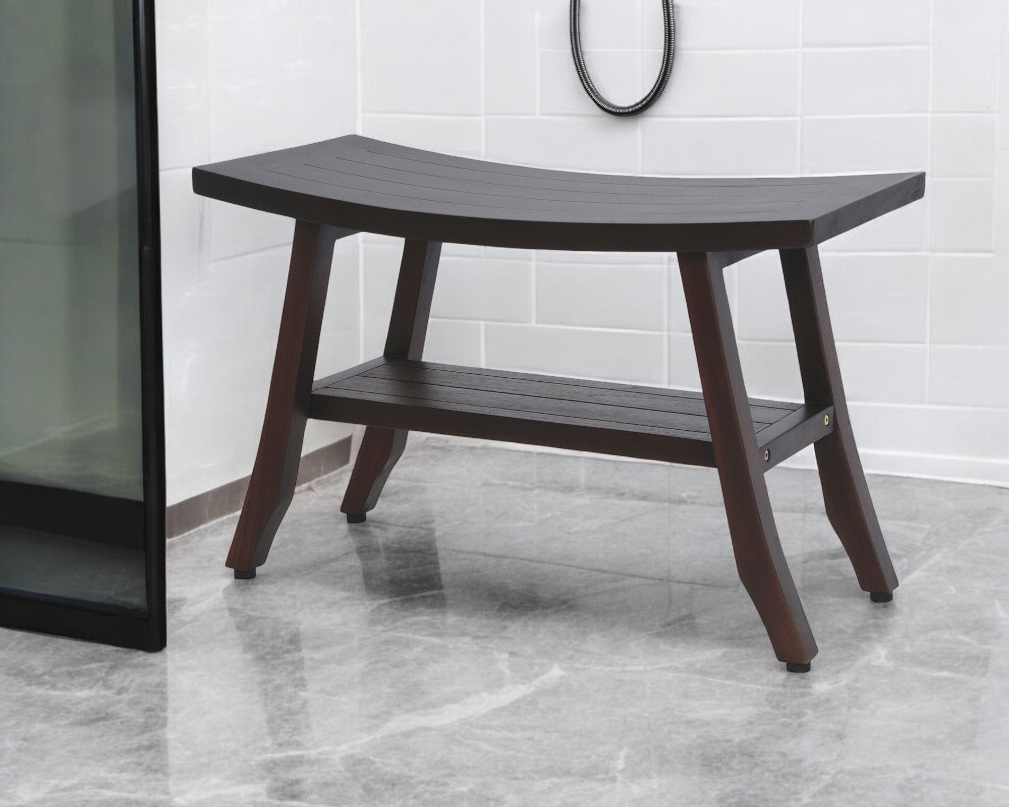 28" Dark Brown Teak Rectangular Shower Bench With Shelf