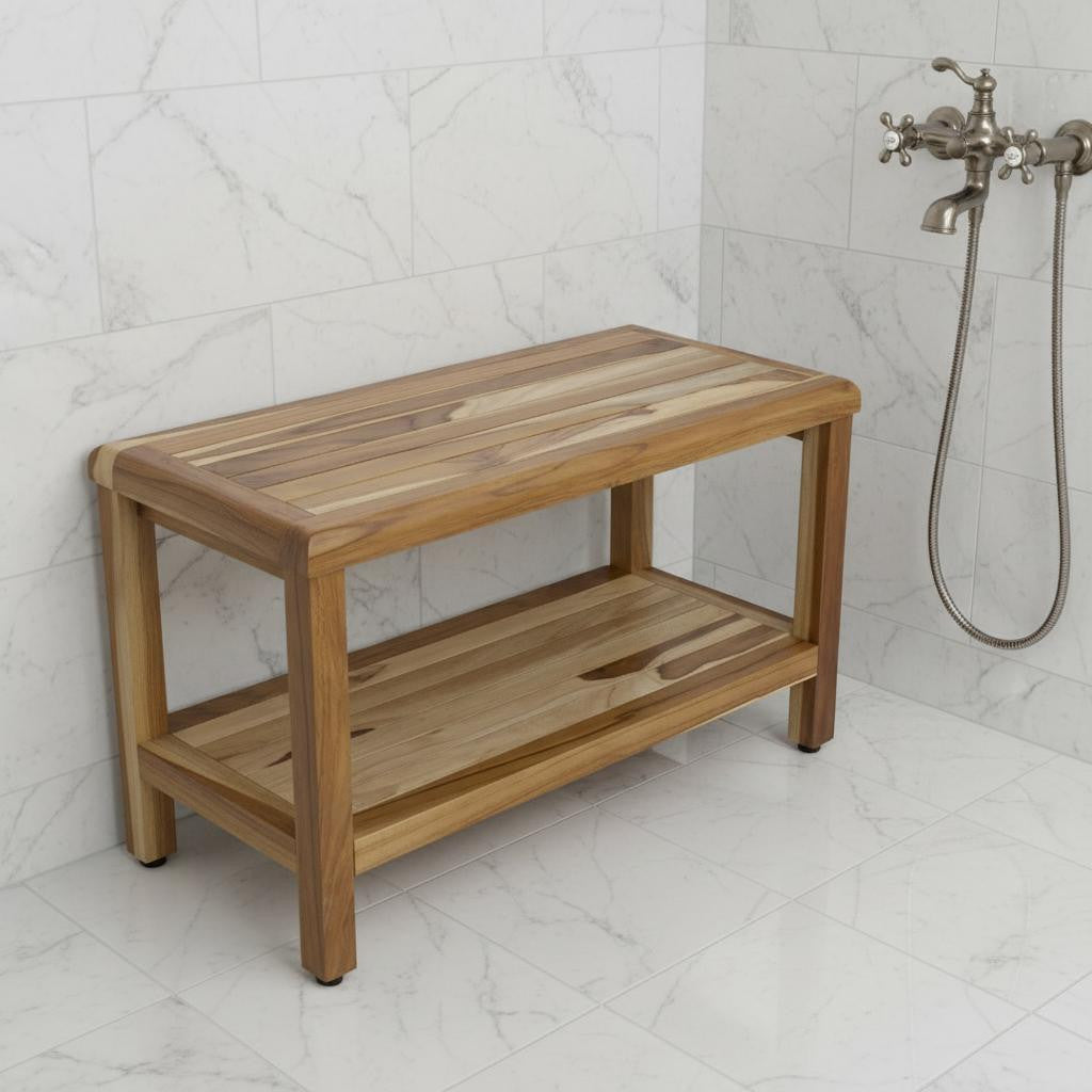 Rectangular Teak Shower Bench With Shelf In Natural Finish