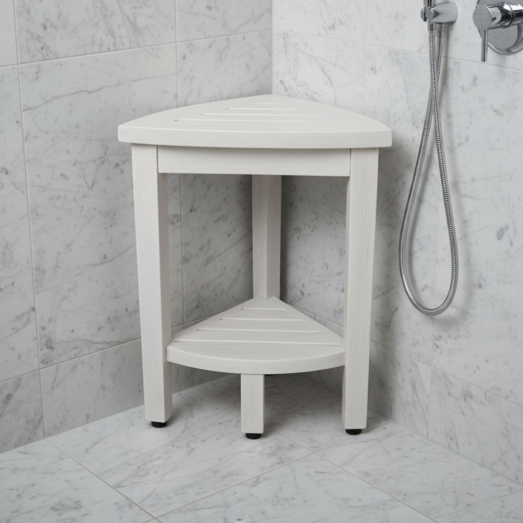 Compact Teak Corner Shower Stool With Shelf In Whitewash Finish