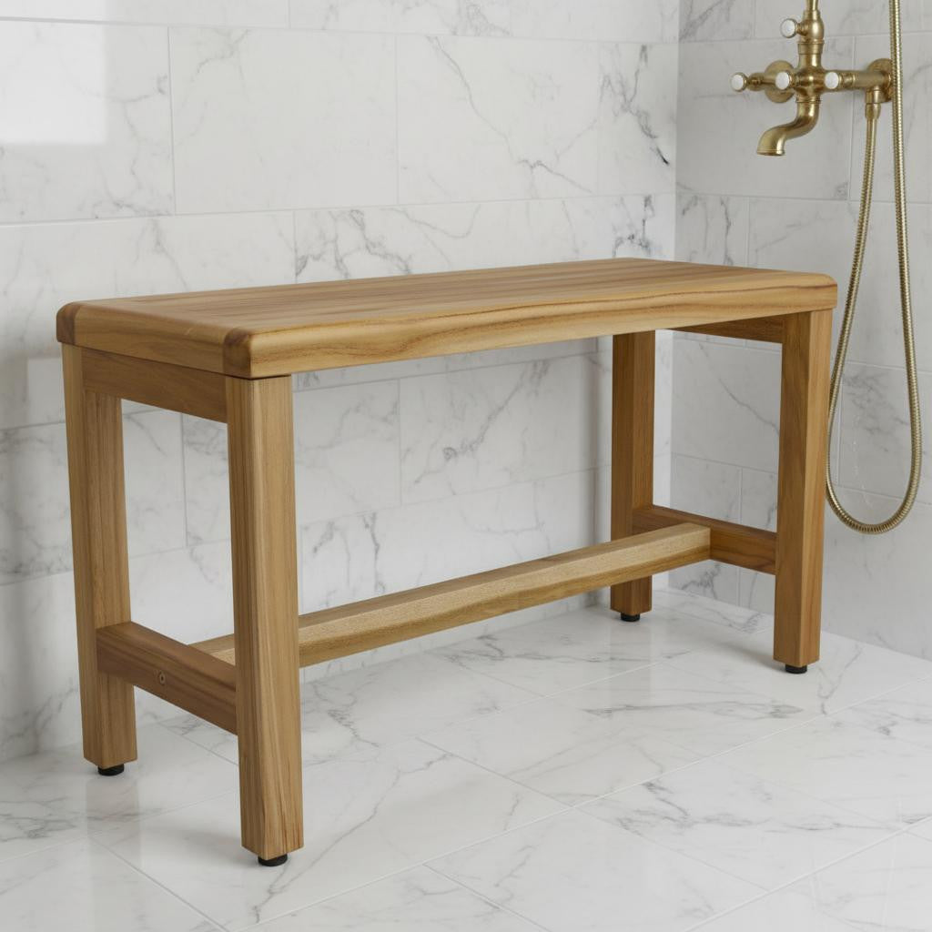 Compact Rectangular Teak Shower Outdoor Bench In Natural Finish