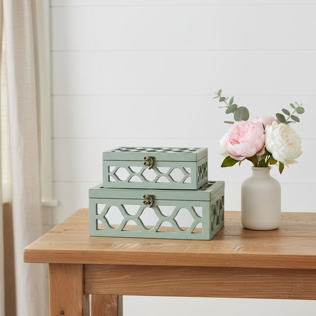 Set of Two Blue Mirrored Glass And Wood Box With Lid