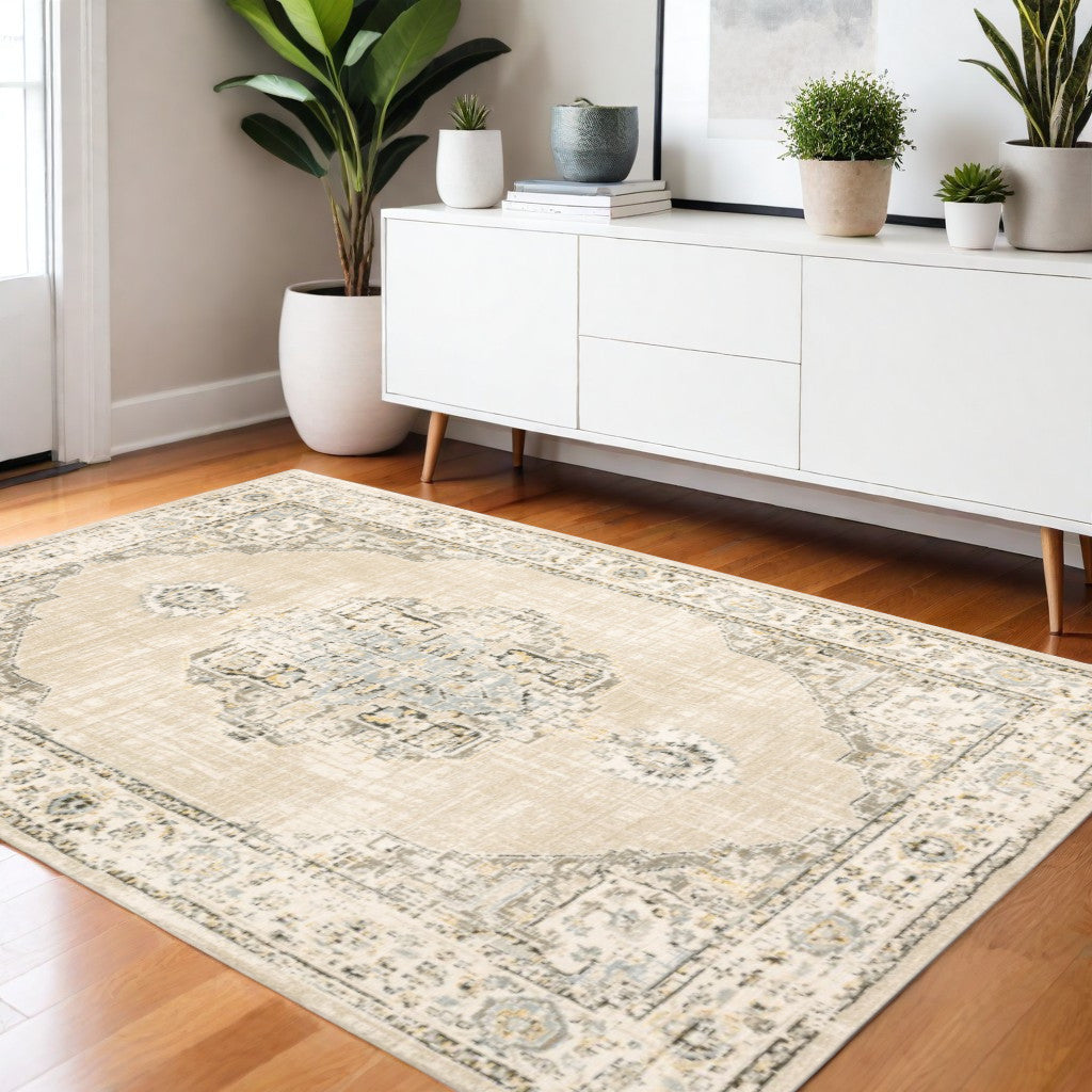 4' X 6' Beige And Ivory Center Jewel Area Rug