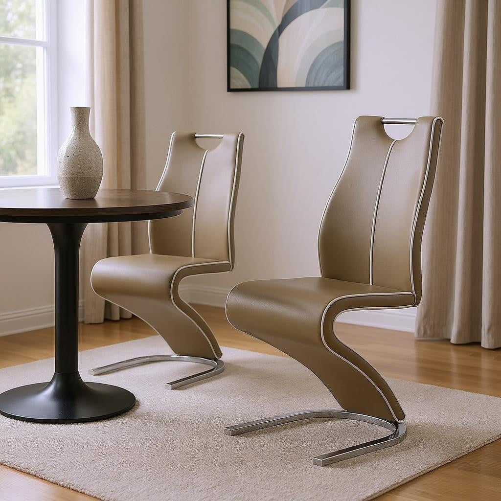 Set of Two Brown and Silver Upholstered Faux Leather Dining Parsons Chairs