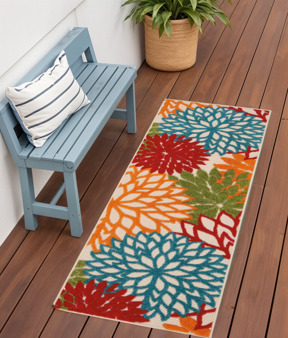 6' Ivory Blue And Orange Floral Indoor Outdoor Runner Rug