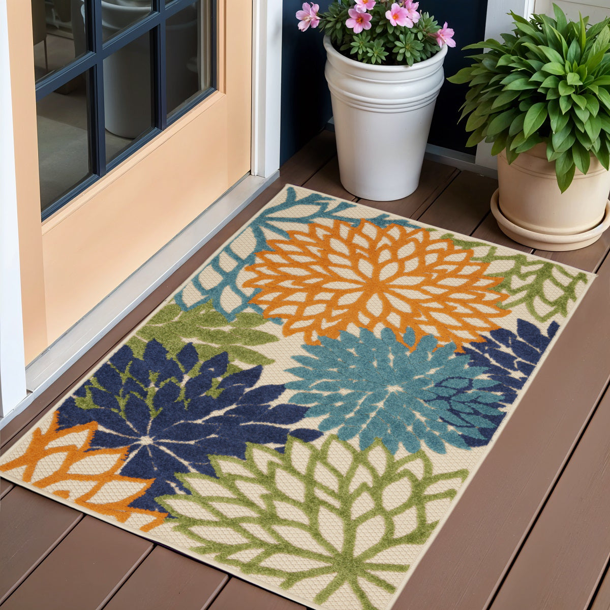 3' X 4' Ivory And Blue Indoor Outdoor Area Rug
