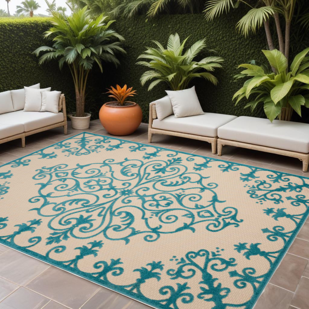 8' X 11' Aqua Damask Indoor Outdoor Area Rug