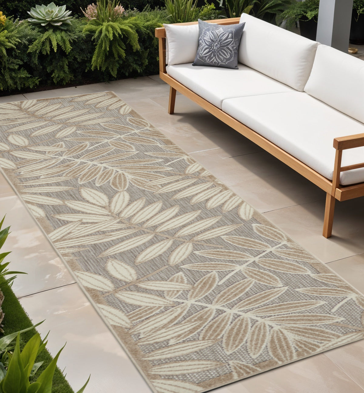 8' Beige Gray And Ivory Botanical Leaves Indoor Outdoor Runner Rug