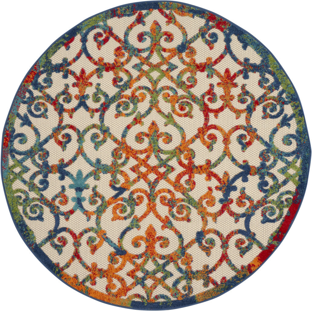 4' Ivory And Blue Round Indoor Outdoor Area Rug