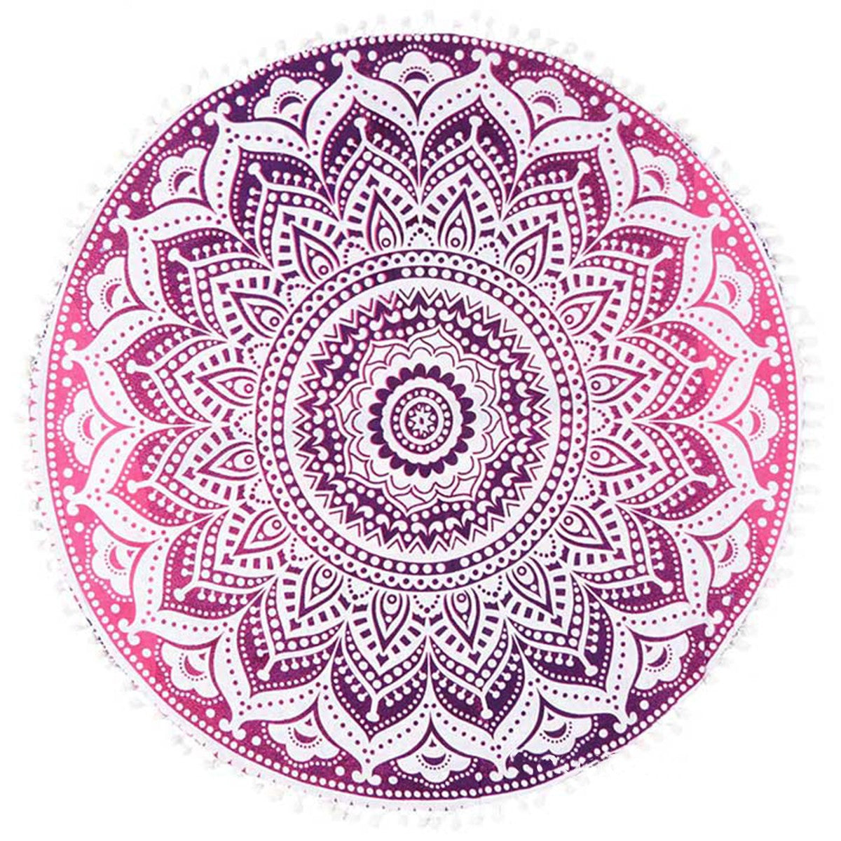 32" Pink and White Round Geometric Floor Pillow Cover With Pompoms
