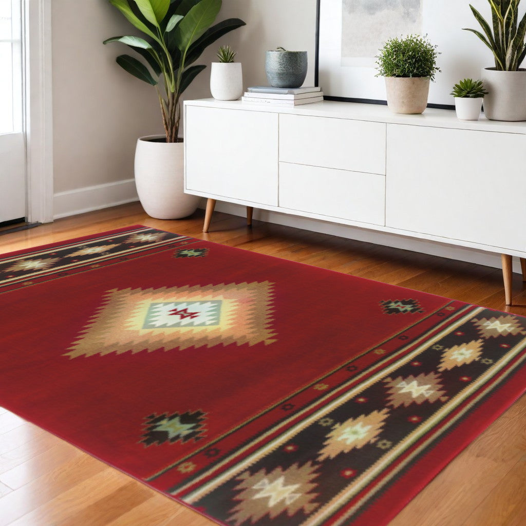 4' X 6' Red And Beige Ikat Pattern Area Rug