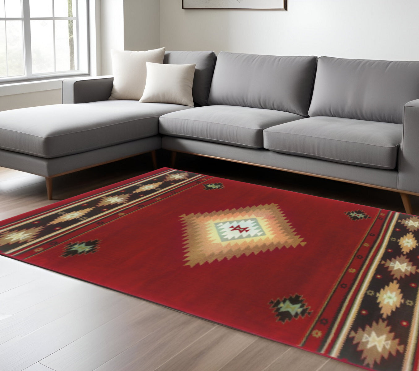 10' X 13' Red And Beige Ikat Pattern Area Rug