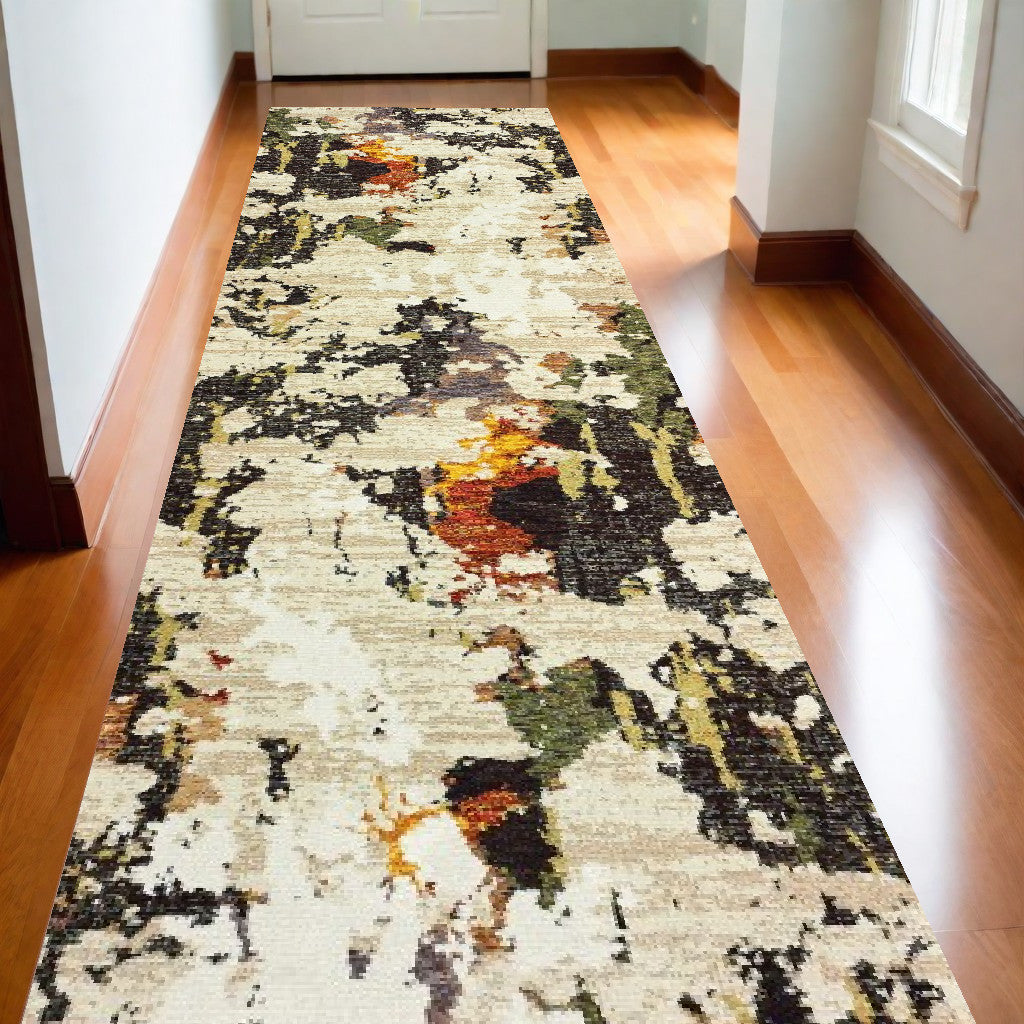 12' Beige Black And Green Abstract Runner Rug