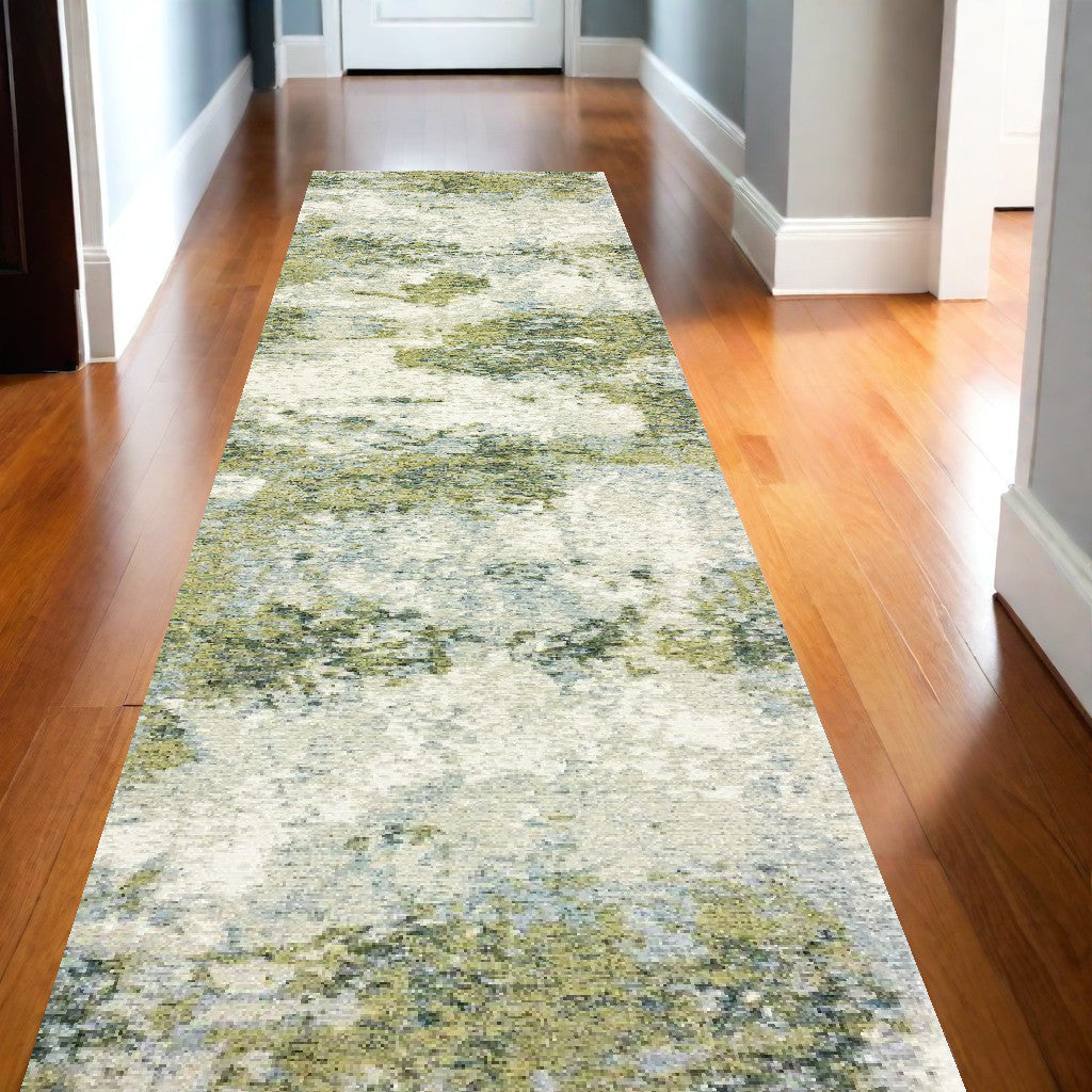 12' Ivory Sage And Teal Abstract Runner Rug