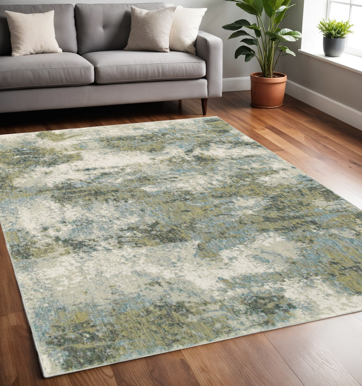 5' X 7' Ivory Sage And Teal Abstract Area Rug