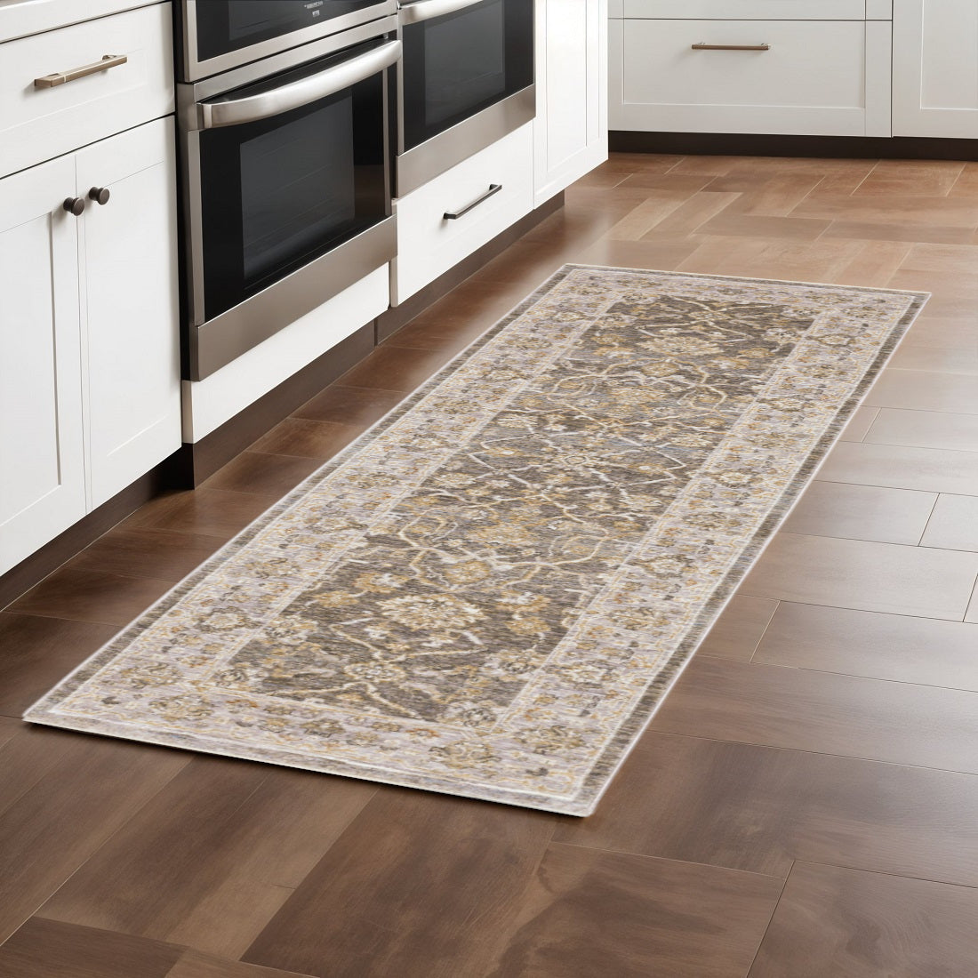 8' Beige Grey Machine Woven Oriental Indoor Runner Rug