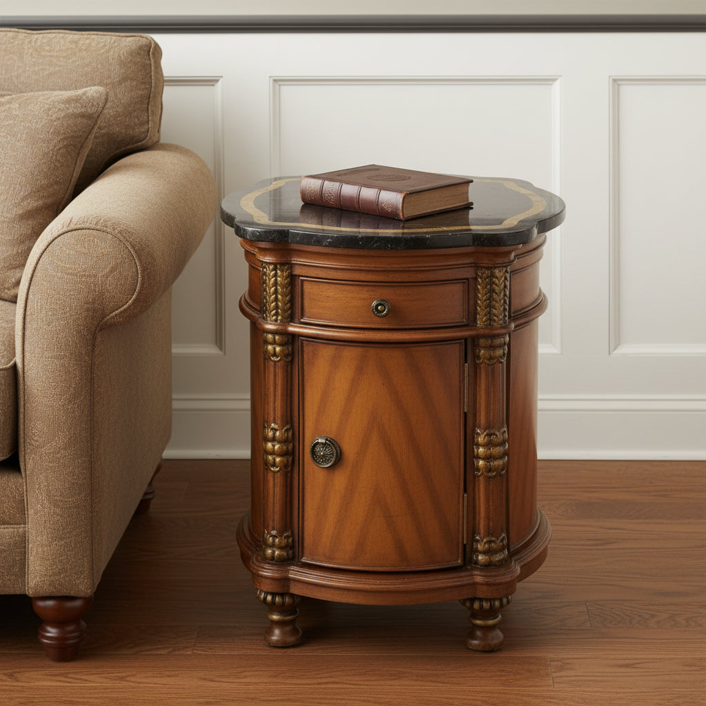 20" Black and Brown Stone and Wood Free Form Coffee Table With Drawer