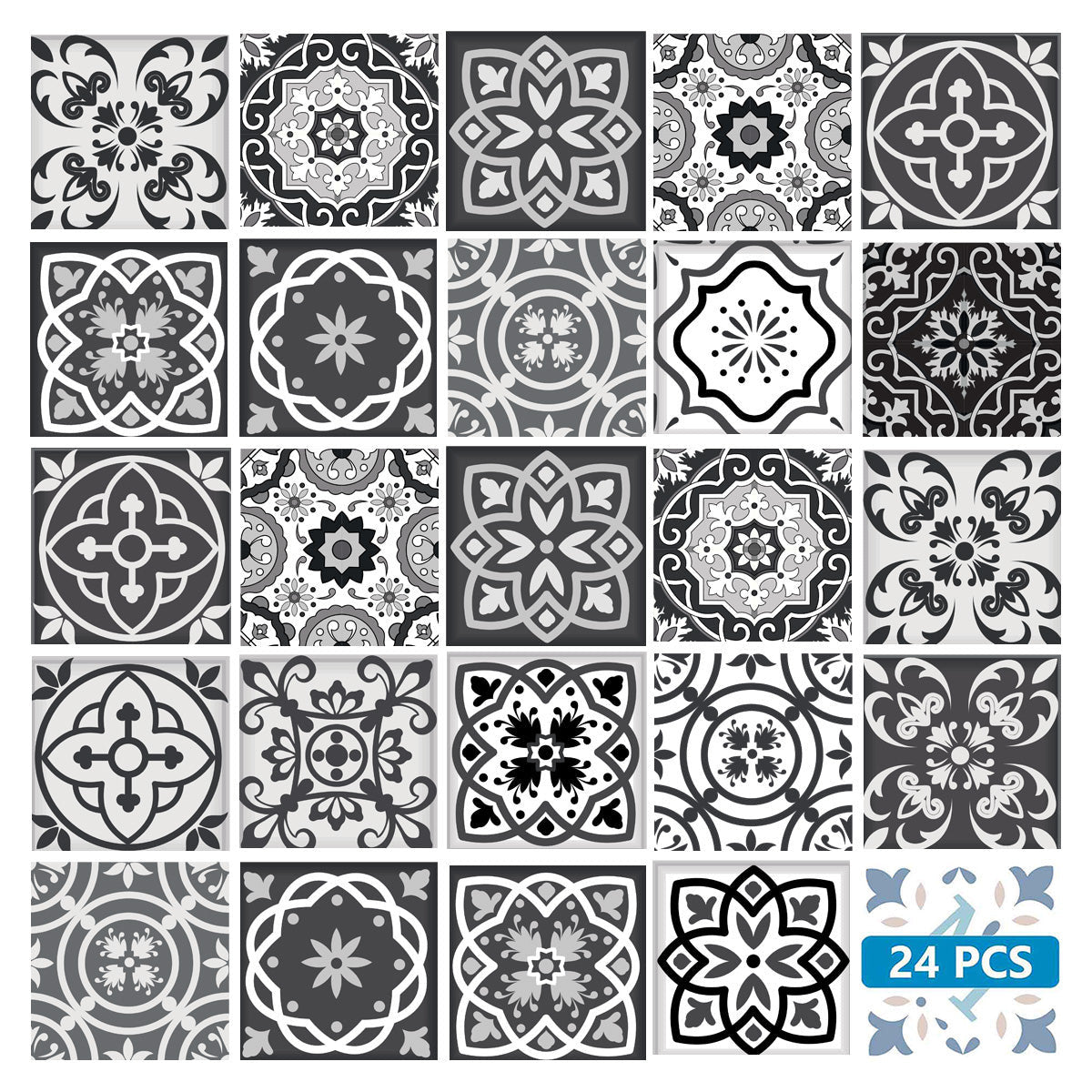 5" X 5" Shades Of Black Mosaic Peel And Stick Removable Tiles